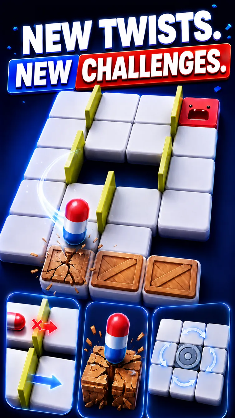 Complete Pill Munch challenge artwork showing walls, fragile tiles, crates, and a rotating zone